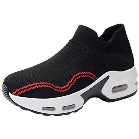 Womens Walking Shoes Sock Sneakers Slip On Mesh Air Cushion Platform Loafers Comfort Wedge Walking Shoes Black-Red