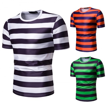 New Summer Men's Short-Sleeved T-Shirt Mens Contrast Striped Slim-Fit Casual T-Shirt