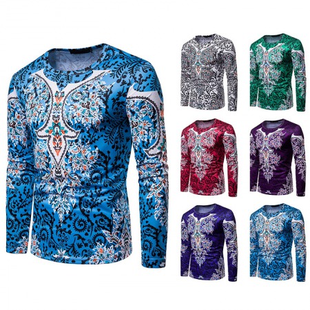 Men's Ethnic Style Floral 3D Printing Round Neck Long Sleeve T-Shirt