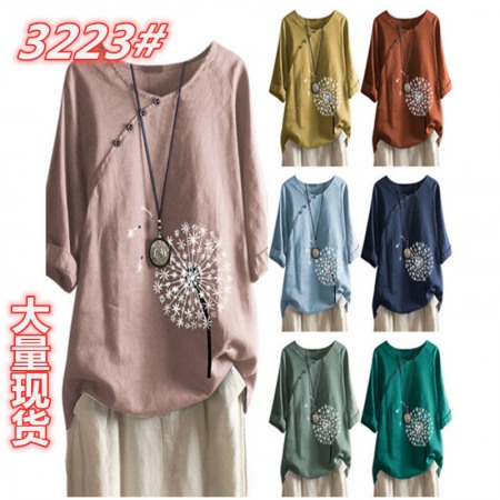 Autumn Hot Print Long-Sleeved Round Neck Button Cotton and Linen Snowflake T-Shirt