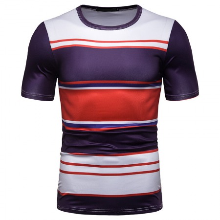 New Summer Men's Short-Sleeved T-Shirt Men's Contrast Striped Slim Casual T-Shirt