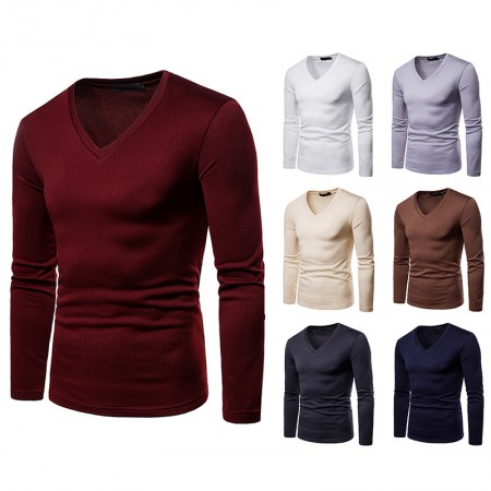 Men's Plus Size Plus Velvet Warm Long-Sleeved V-Neck T-Shirt Base Shirt