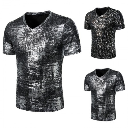 Summer Men's Nightclub Bar Fashion Casual Hot Stamping Printing Short-Sleeved Printed T-Shirt