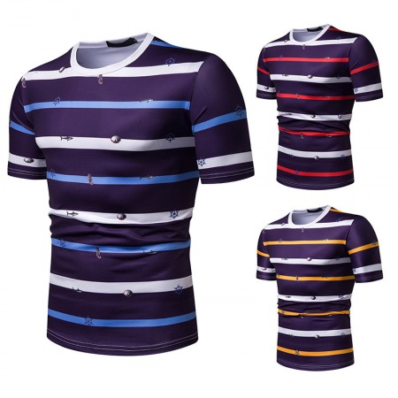 New Summer Men's Short-Sleeved T-Shirt Men's Contrast Striped Slim Casual T-Shirt