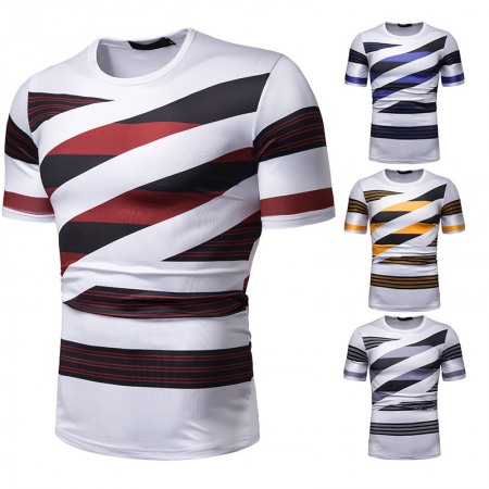 New Summer Men's Short-Sleeved T-Shirt Mens Contrast Striped Slim Casual T-Shirt