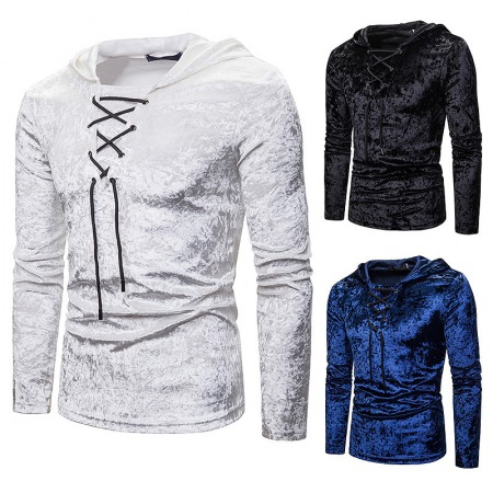 New Men's Diamond Velvet European Size Loose Shoelace Hooded Long Sleeve T-Shirt